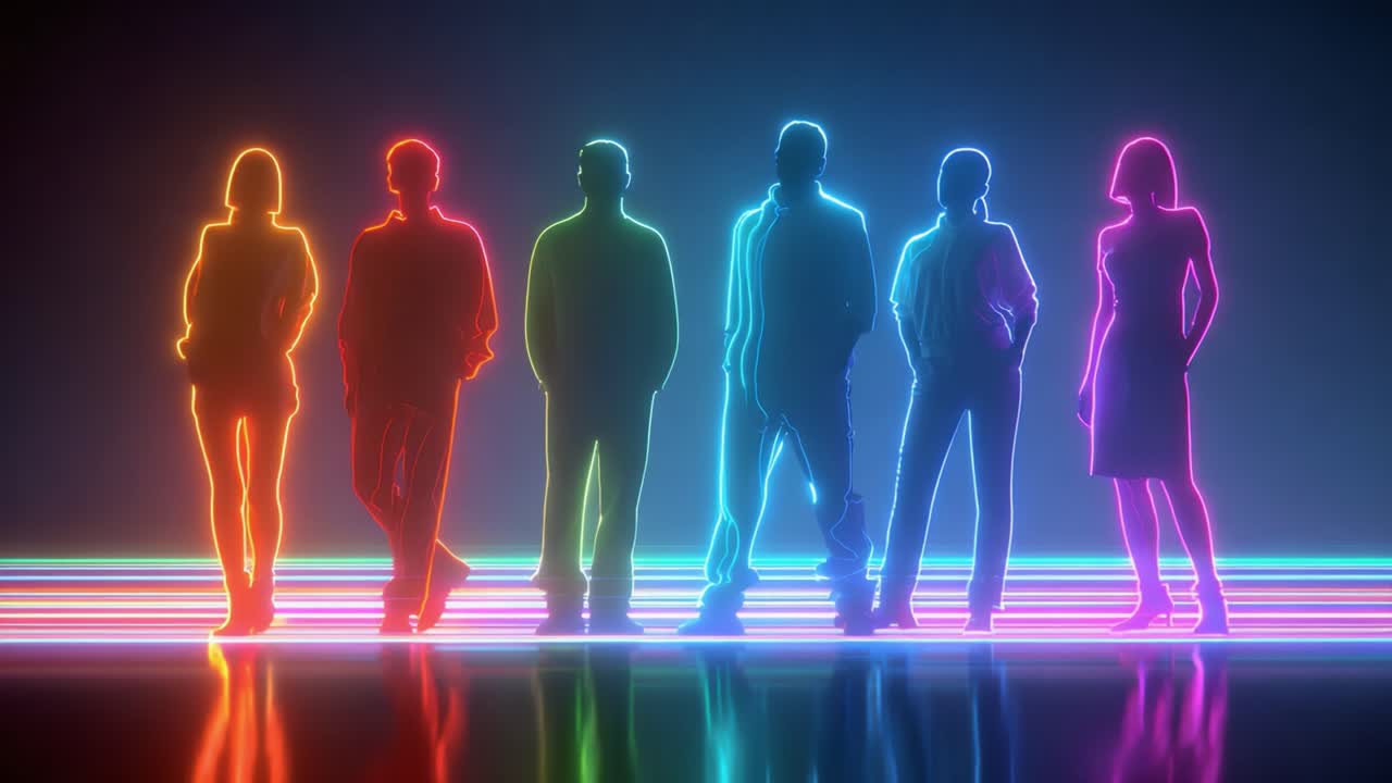 A Dynamic Ensemble of Silhouetted Figures in Neon Colors Stands in Contrast Against a Dark Background, Capturing a Moment of Striking Visual Artistry with Vibrant Radiance and Artistic Flair