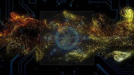 animation of digital data processing and scope over circuit board and flames