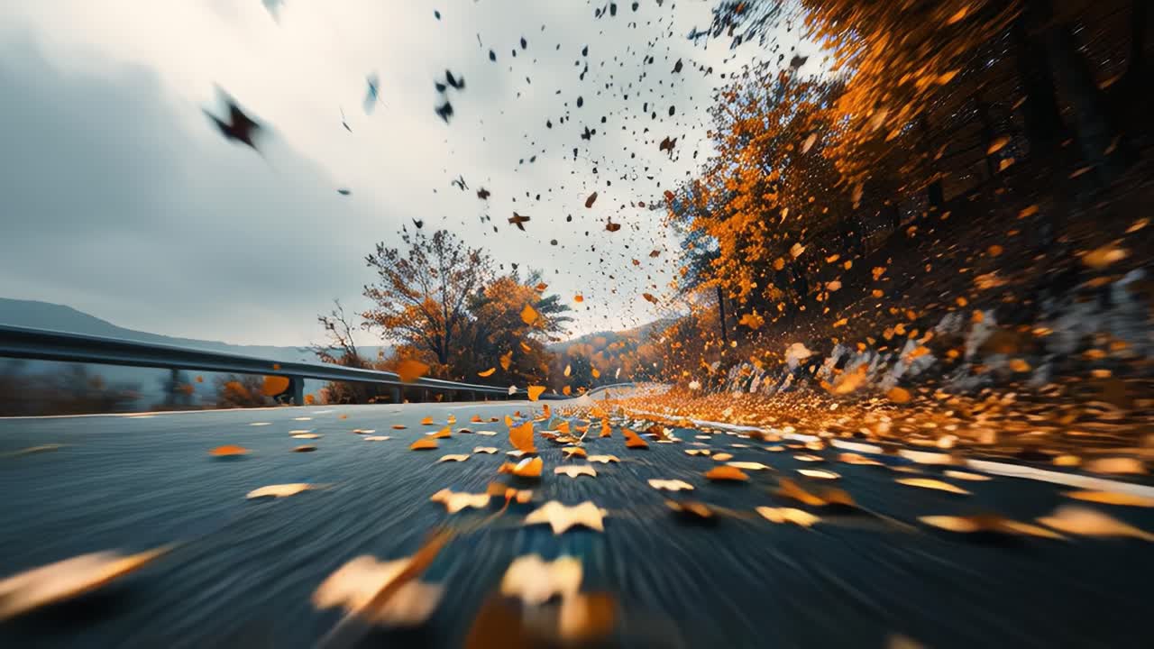 Autumn Journey: Capturing the Beauty of Falling Leaves and a Scenic Road Ahead as Nature Transforms into a Tapestry of Orange and Gold