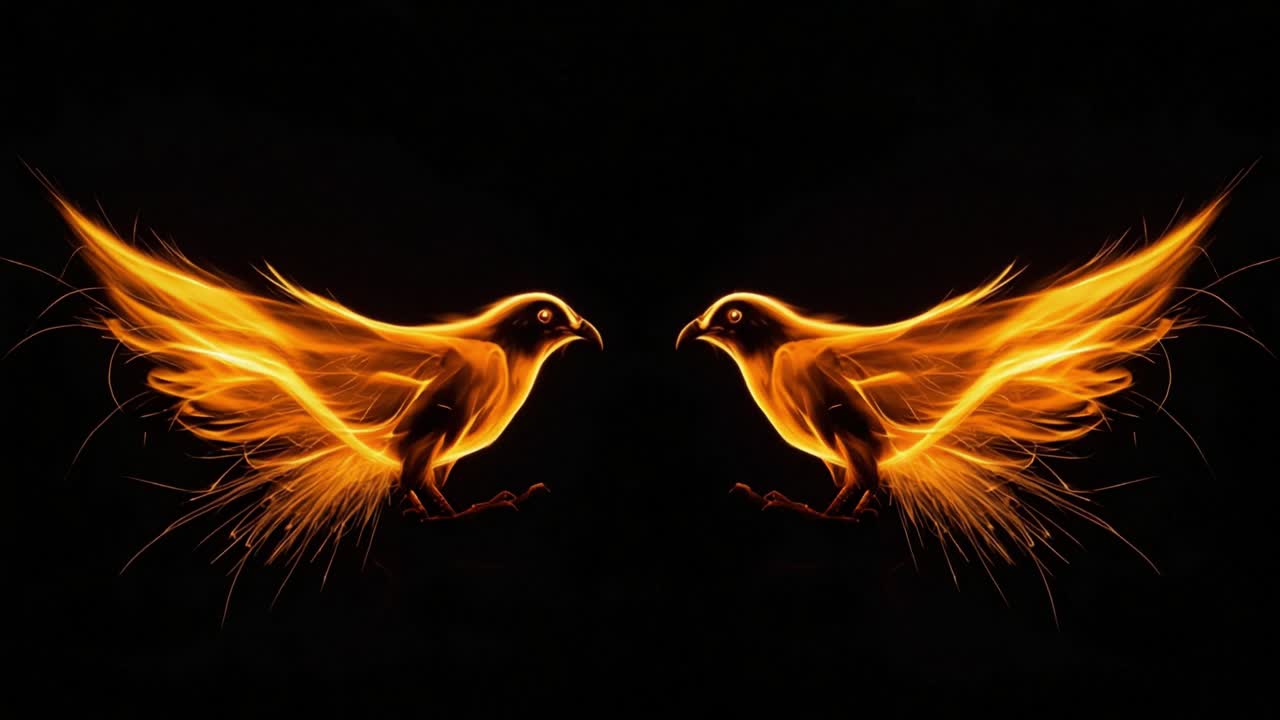 Dynamic Display of Two Fiery Birds in a Stunning Artistic Representation of Movement and Energy Against a Dark Background