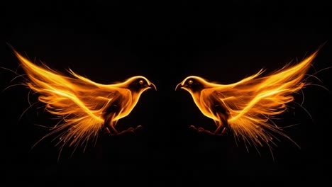 dynamic display of two fiery birds in a stunning artistic representation of movement and energy against a dark background