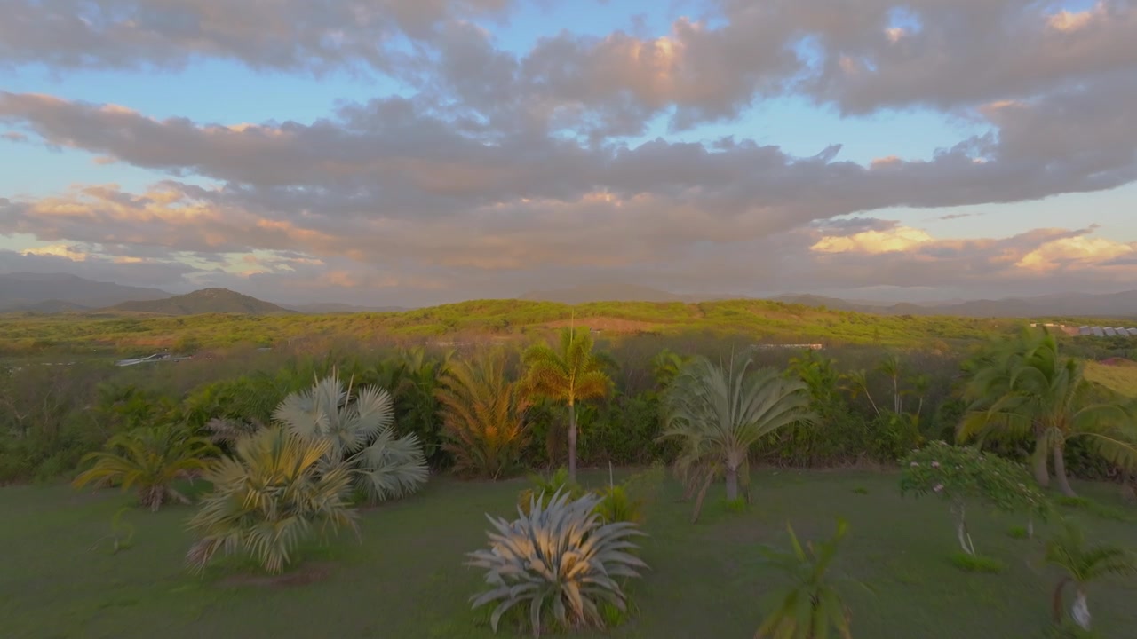 Planata cinematografica a bassa quota di un drone su un giardino tropicale, che rivela le terre agricole e le strutture rurali della Nuova Caledonia in una calda luce dorata, ideale per immagini di viaggio e di vita rurale.