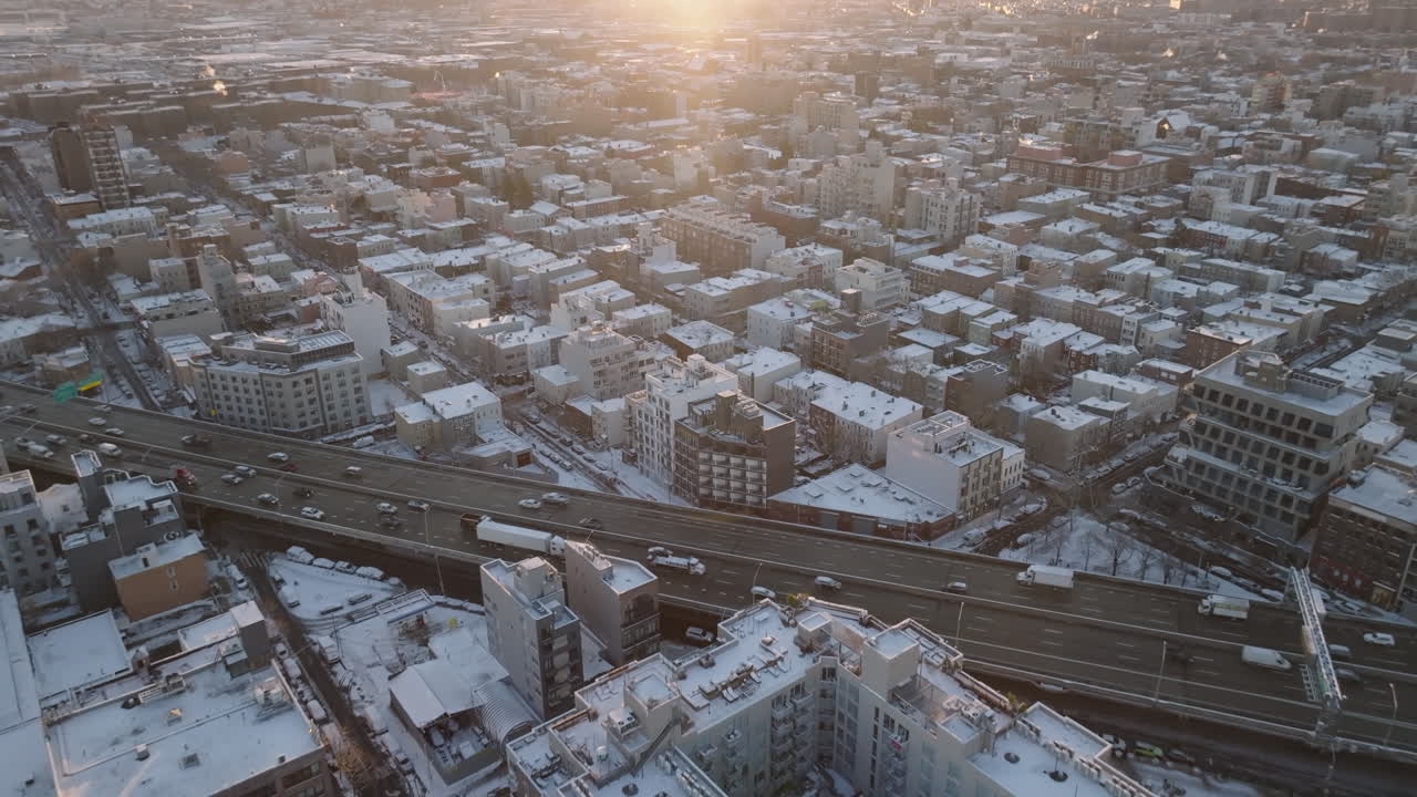 Aerial view of Williamsburg, Brooklyn on a winter morning. Shot in New York City.