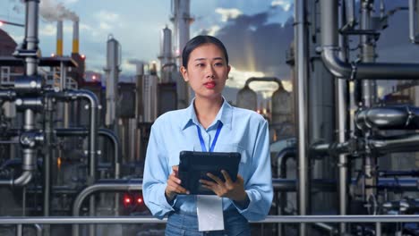 female engineer reviewing data at industrial plant
