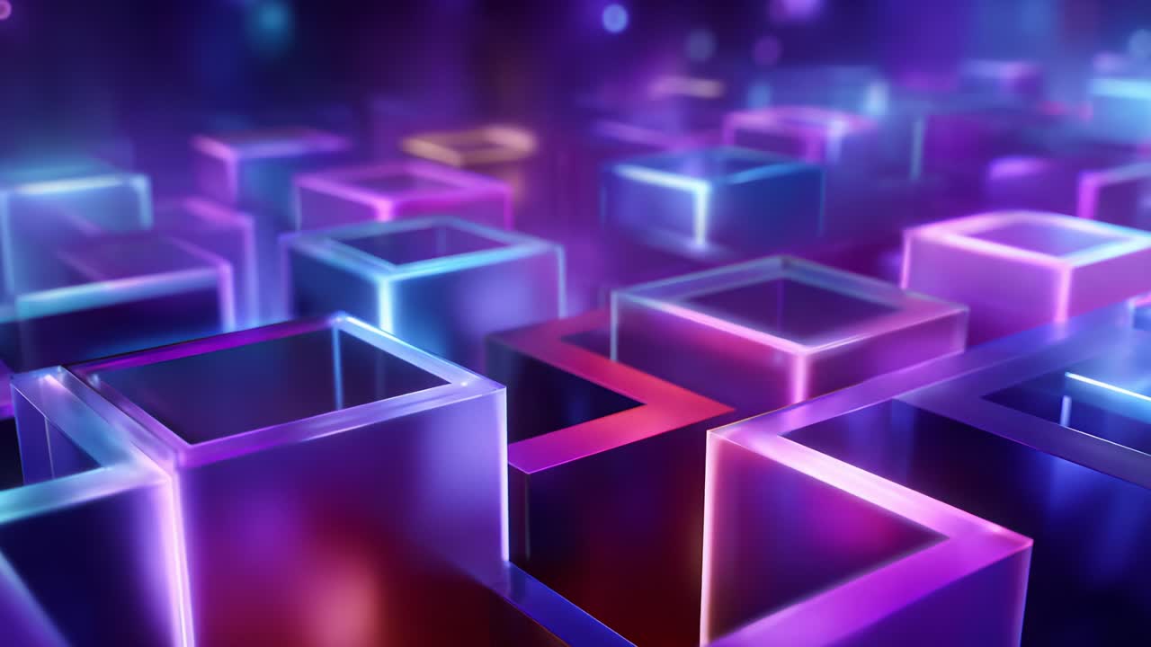 A Mesmerizing Display of Colorful Glowing Cubes: An Abstract Composition of Neon Illuminated Blocks in Vivid Hues with Smooth Surfaces Creating an Enigmatic Visual Experience