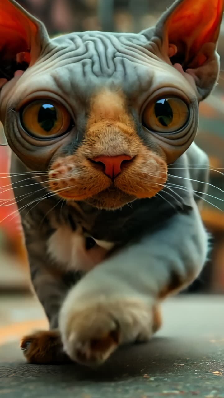 Playful Cat Walking Through Colorful Urban Alleyway. A lively cat strolls down a vibrant alley adorned with street art. Vertical video