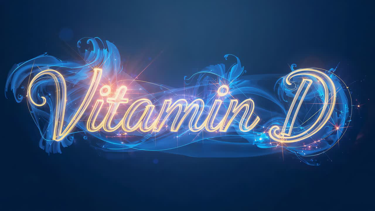 Appearing orange flare lighting gold Vitamin D on blue backdrop emitting sparks smoke ring around D