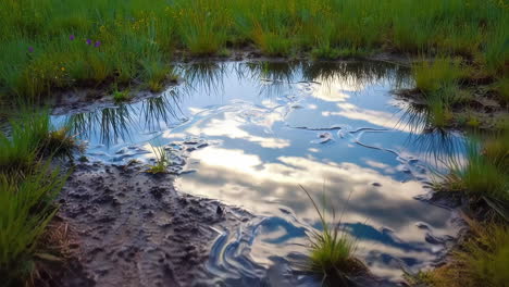 sky and clouds reflected in a puddle with grass and mud