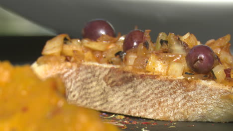 roasted vegetables bruschetta with mashed pumpkin