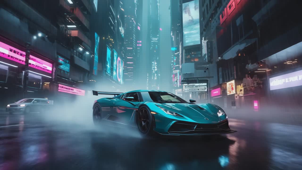 Teal Sports Car in a Futuristic Cyberpunk City at Night