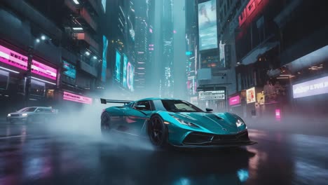 teal sports car in a futuristic cyberpunk city at night