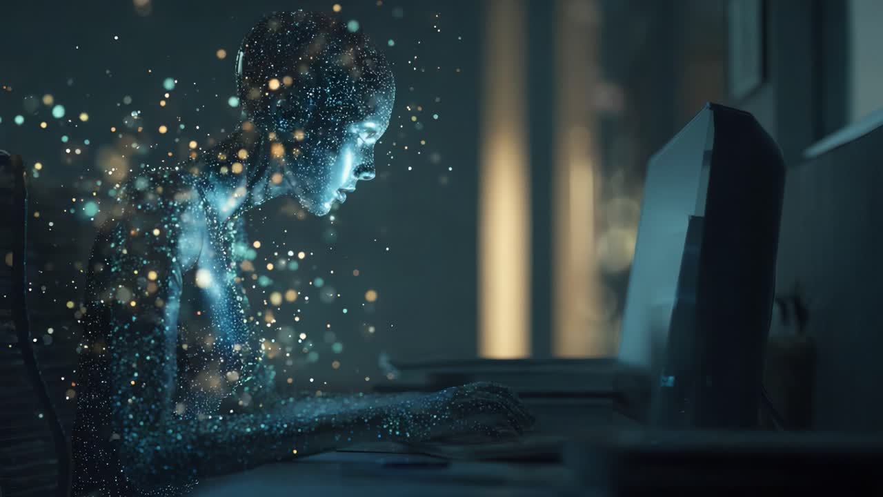 A digital ethereal figure immersed in analytical thought, encapsulated in radiant particles while engaging with a modern computer interface in a dimly lit environment