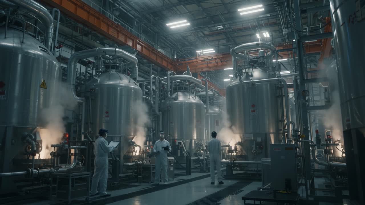 Industrial Facility Showcasing Advanced Processing Equipment with Technicians Monitoring Operations in a High-Tech Environment