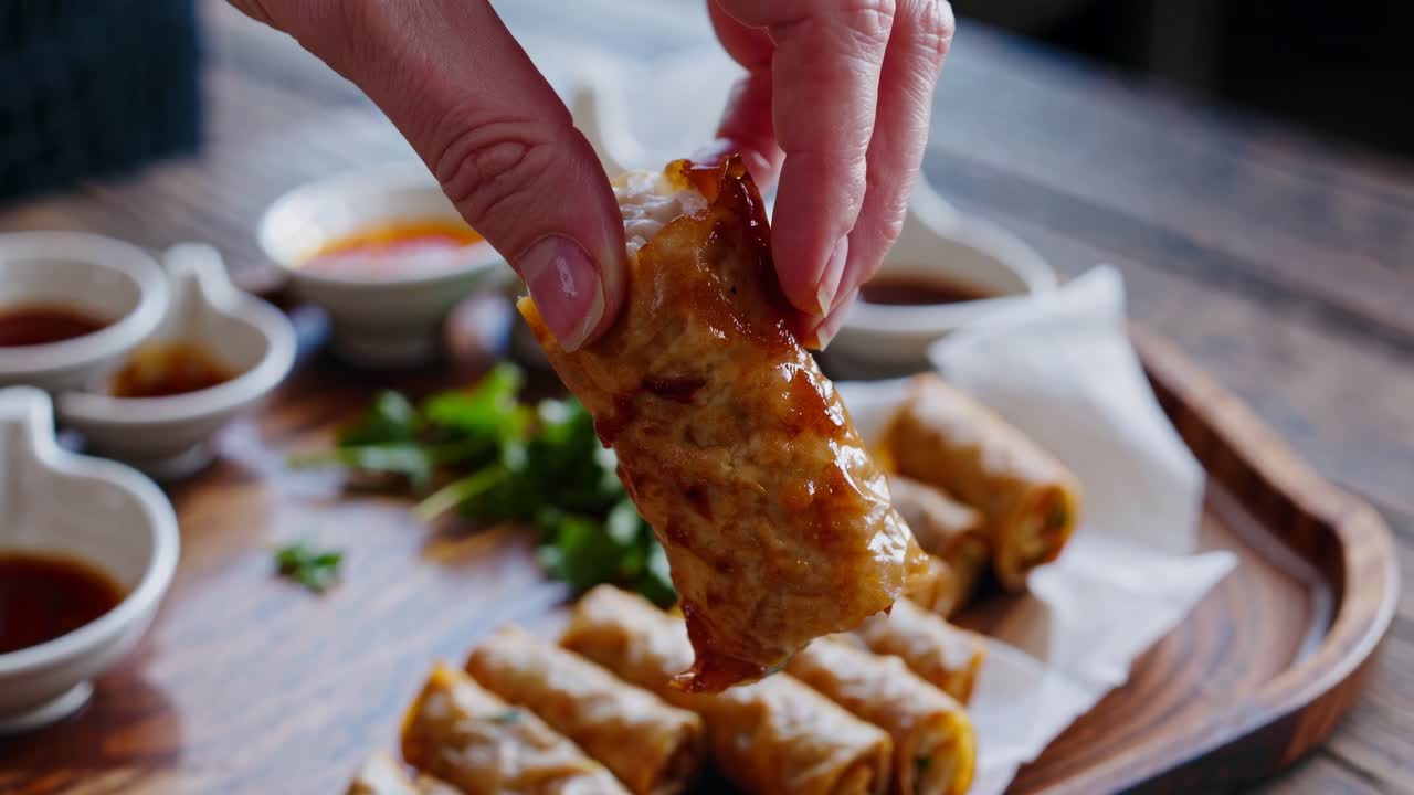 Sudut video jarak dekat tangan yang mengambil lumpia renyah dari piring kayu, dengan saus cocolan.