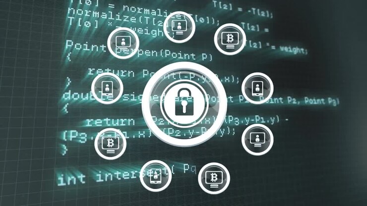 Animation of network of connections with online security padlocks over dark background