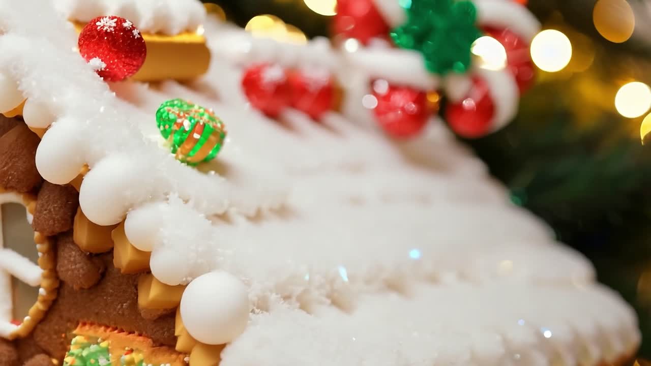 크리스마스 장식품 으로 장식 된 진저브레드 집 의 클로즈업