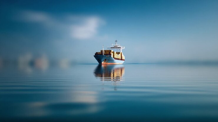 Vessel at Peace: A Tranquil Container Ship Reflecting in the Calm Waters of a Seaside Environment with Gentle Ripples and Clear Blue Skies Above