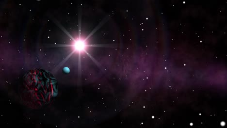 single red planet with a blue moon in a field of stars rotating around a bright sun with a nebula in the background