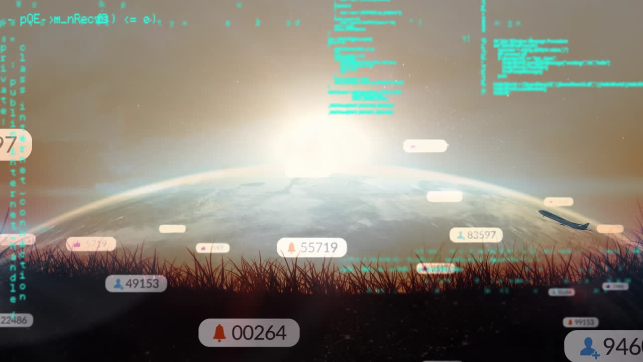 메시지 상자에서 숫자와 아이콘의 애니메이션, 컴퓨터 언어, 지구에 대한 풀