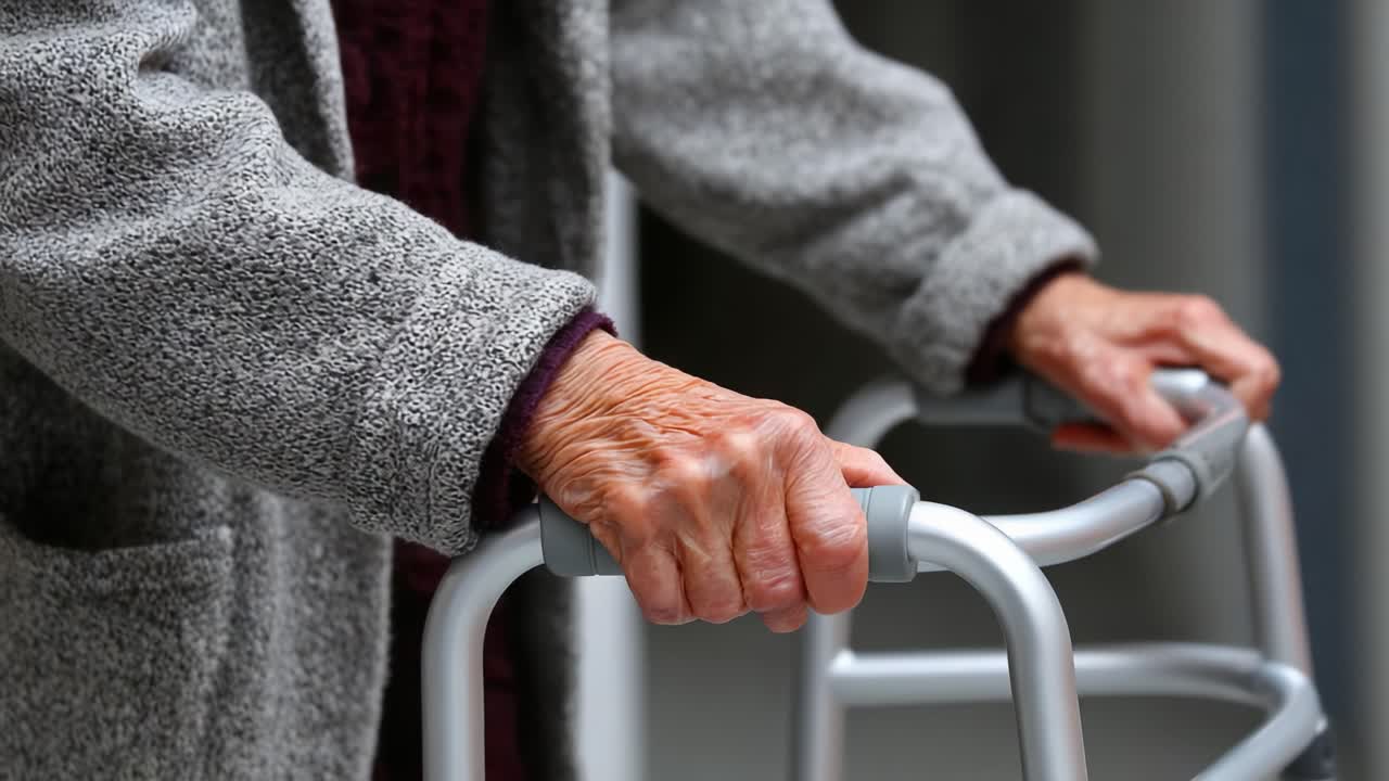 An Elderly Individual Steadying Themselves with a Walker, Emphasizing the Importance of Mobility Aids for Seniors in Daily Life Activities and Independence
