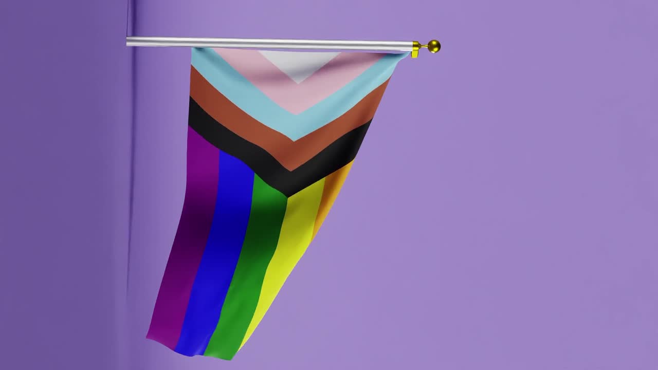 Progress pride flag waving on pole against solid purple background. Fabric texture with rainbow colors and chevron stripes in blue, pink, white, brown, and black. LGBTQ+ identity and equality vertical