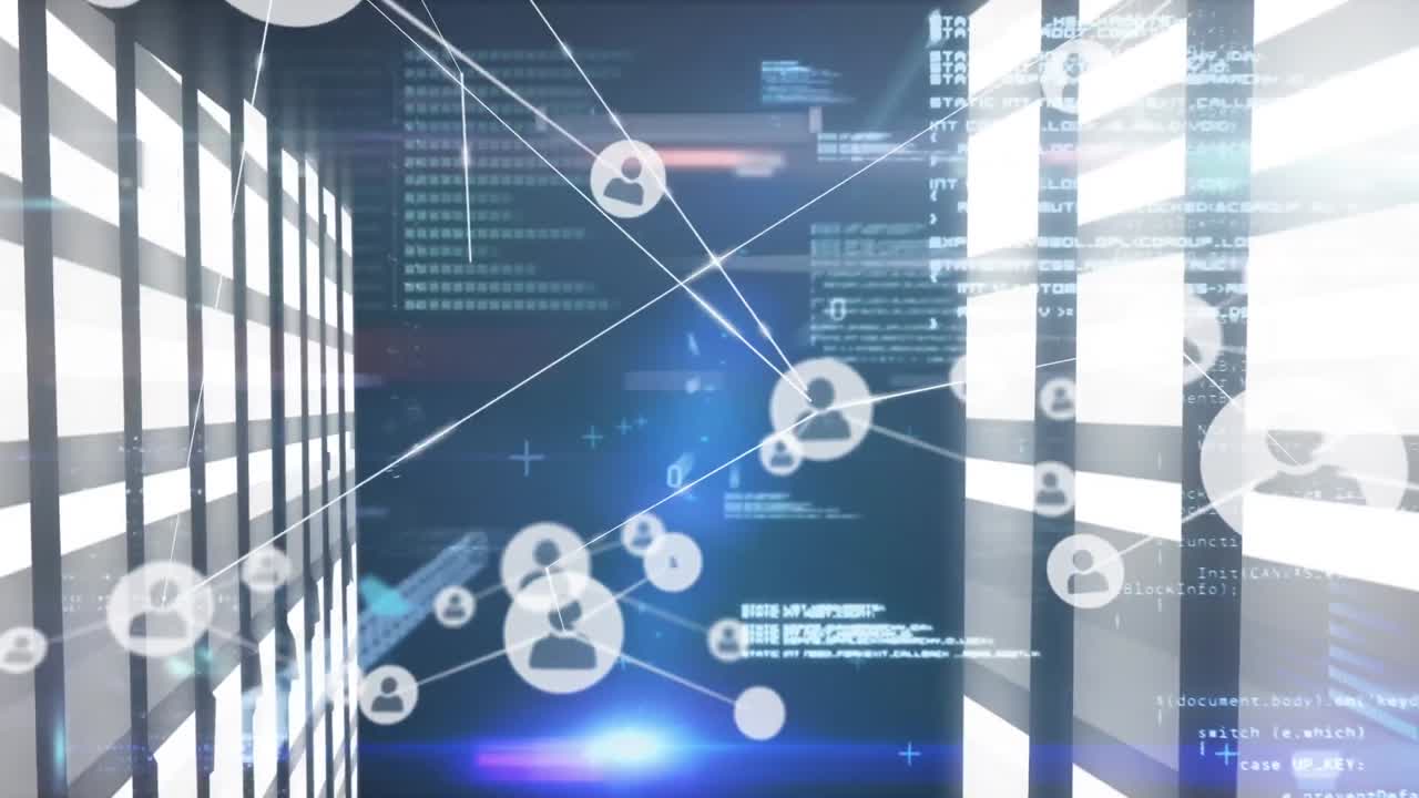 Animation of network of connections with icons over server room