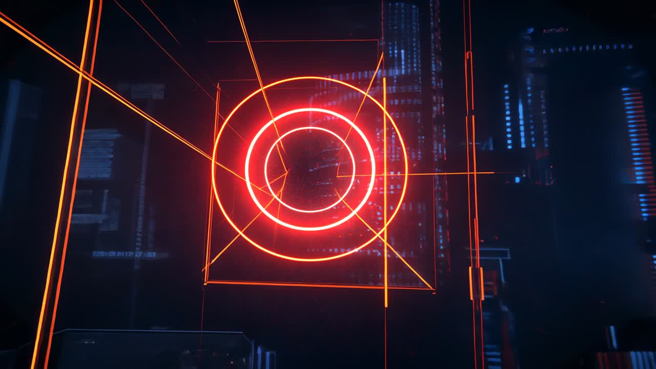 Opening circuit network, glowing core forming at center, with orange diagonals linking red rings