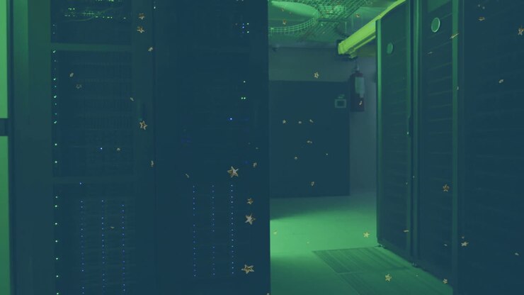 Data servers in dimly lit room with floating star animation overlay