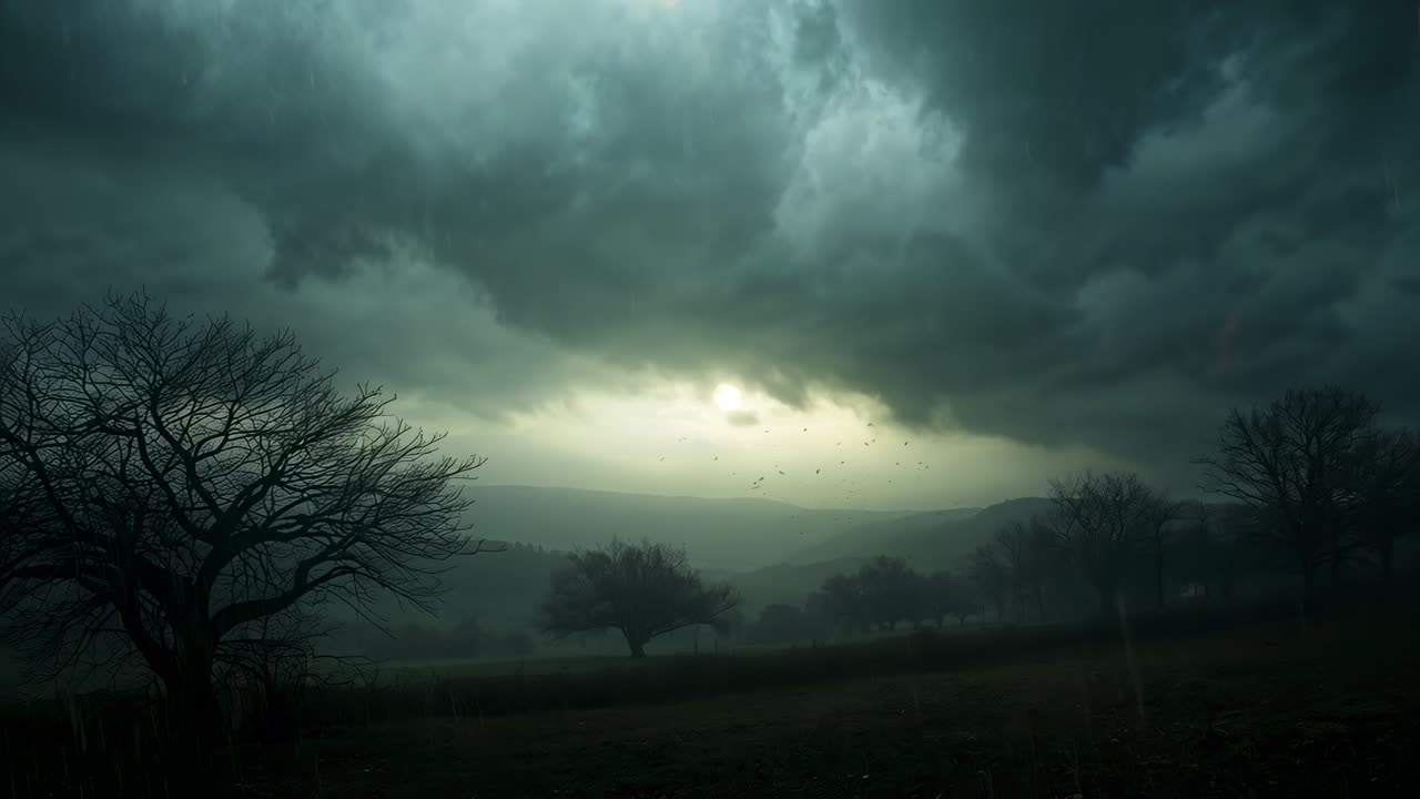 Rolling low hanging storm clouds moving over rural hill, rain starting and pools showing sky glow