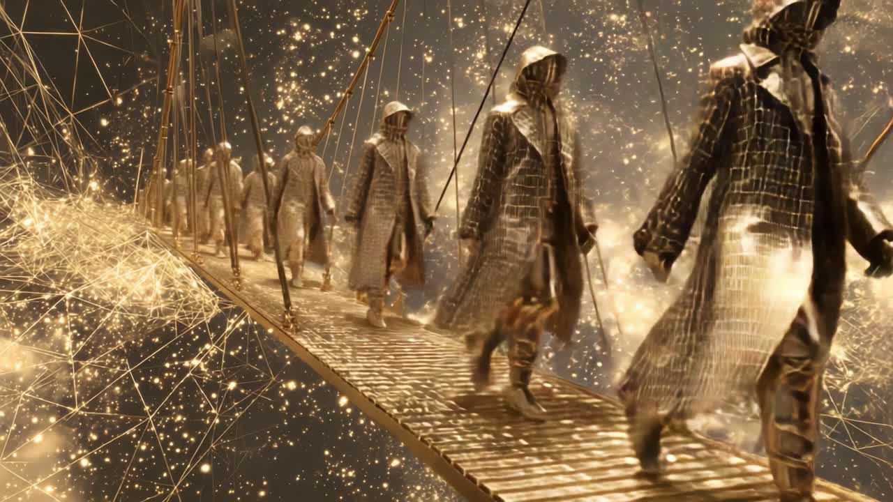 Golden Hooded Figures Walking on a Bridge