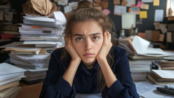 Donna frustrata seduta alla scrivania