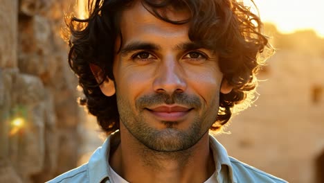 smiling man with curly hair and beard looking at camera outdoors