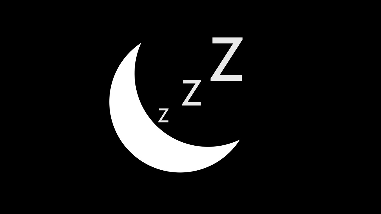 Luna crescente bianca e simboli del sonno fluttuanti su sfondo nero solido, icona chiara per la buonanotte