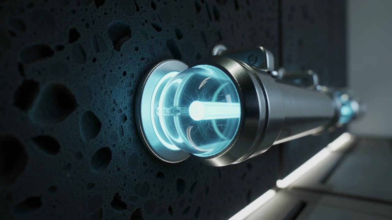 Starting activation, horizontal metal cylinder brightening in corridor, showing blue rod and rings