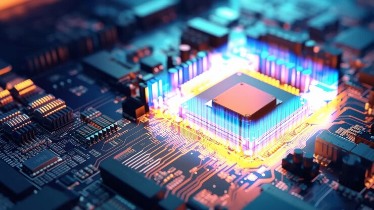Nærbillede i en vinkel af en glødende mikrochip på et printkort, der fremhæver teknologi