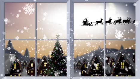 Animation-Von-Schneeflocken-über-Fenster,-Weihnachtsmann-Und-Dorf