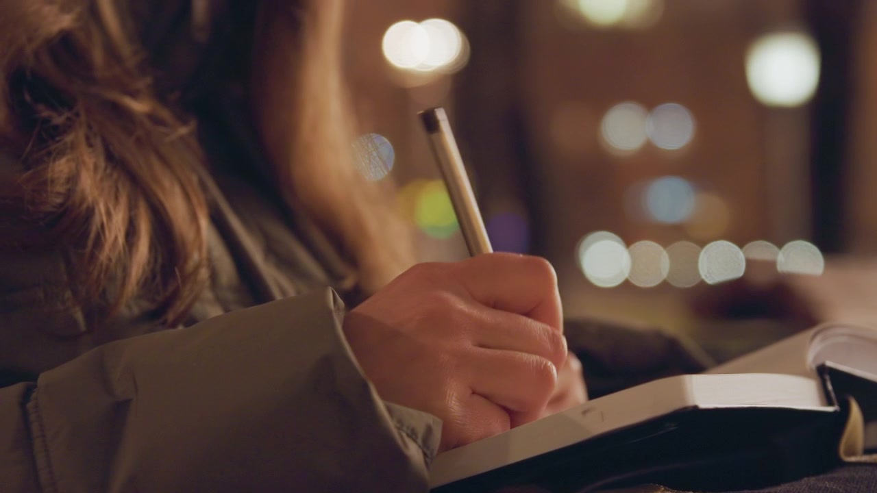 Peaceful woman writes in cafe. Quiet evening at cafe with woman peacefully writing in journal. Tranquil nighttime scene where woman casually records thoughts amid cozy cafe atmosphere