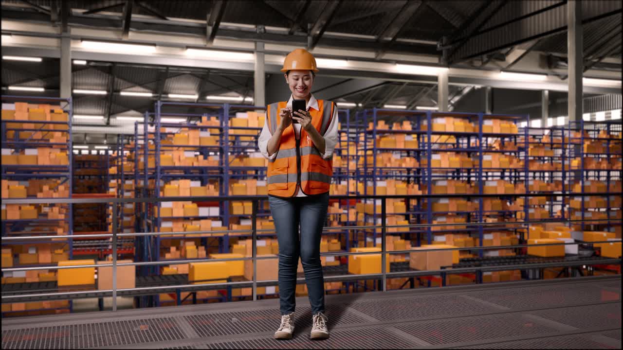 cuerpo lleno de ingeniera asiática con casco de seguridad usando teléfono inteligente mientras estaba de pie en el almacén con estantes llenos de bienes de entrega