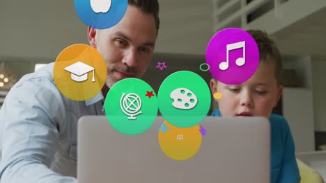 Animation-of-colorful-icons-over-caucasian-man-and-his-son-using-laptop