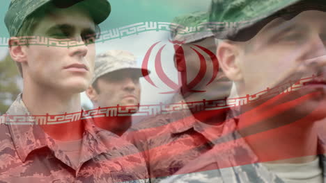 animation of flag of iran over diverse male soldiers