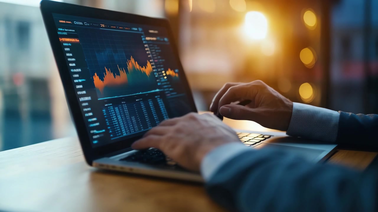 Businessman Analyzing Financial Stock Market Data on Laptop