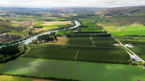 vista panorámica aérea de campos verdes y cultivados en el área de roxburgh: nueva zelanda