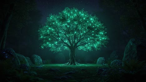 a majestic glowing tree in the heart of a mystical forest, illuminated with bright green lights against a starry night sky