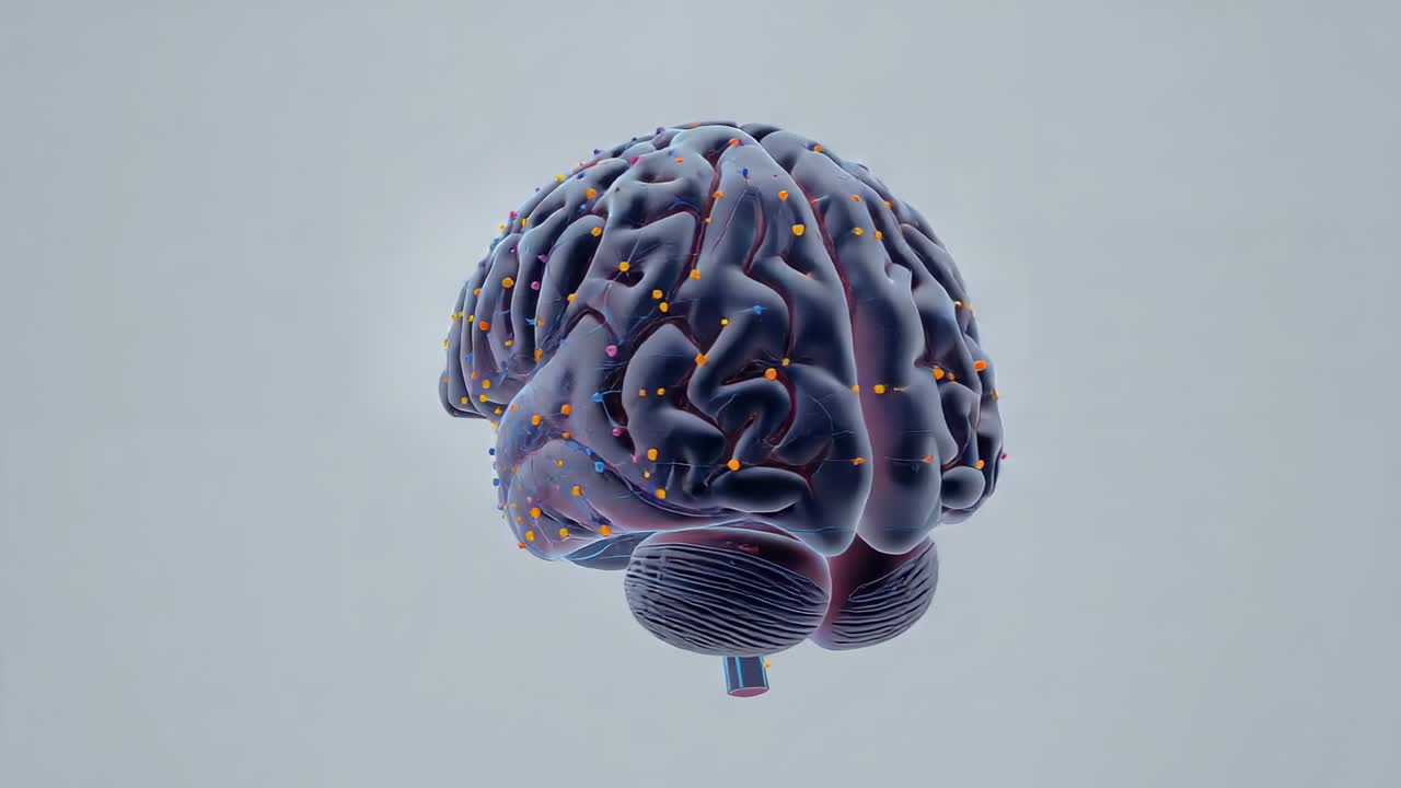 Starting playback, 3D brain model rotating in pale-gray backdrop, cerebellum and nodes pulsing