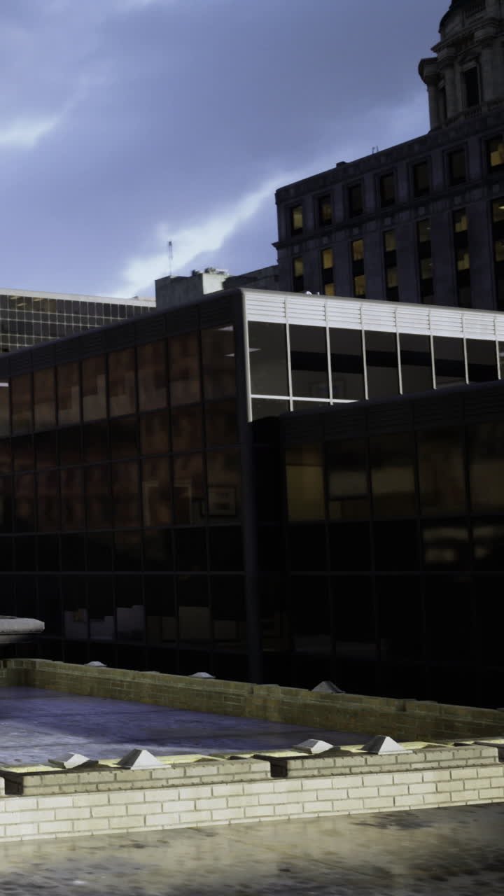 Arquitetura moderna destaca-se contra o céu crepuscular na paisagem urbana.