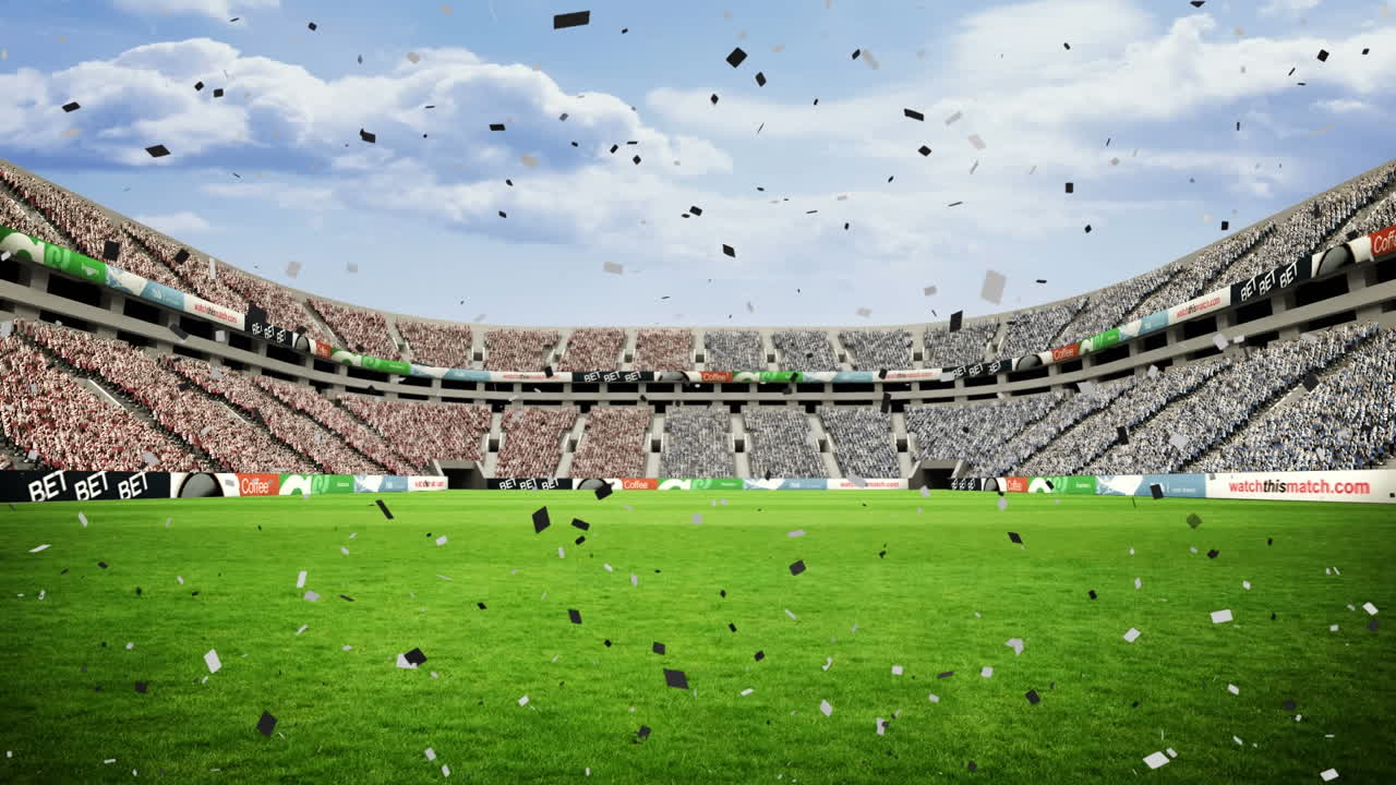 animación de confeti cayendo sobre el estadio deportivo