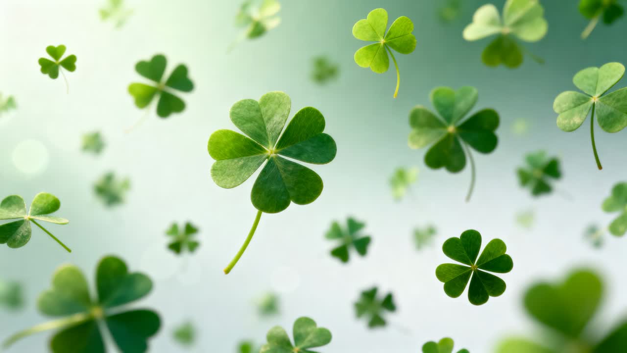 Drifting clover cluster floating and rotating through soft green backdrop, gentle breeze starting