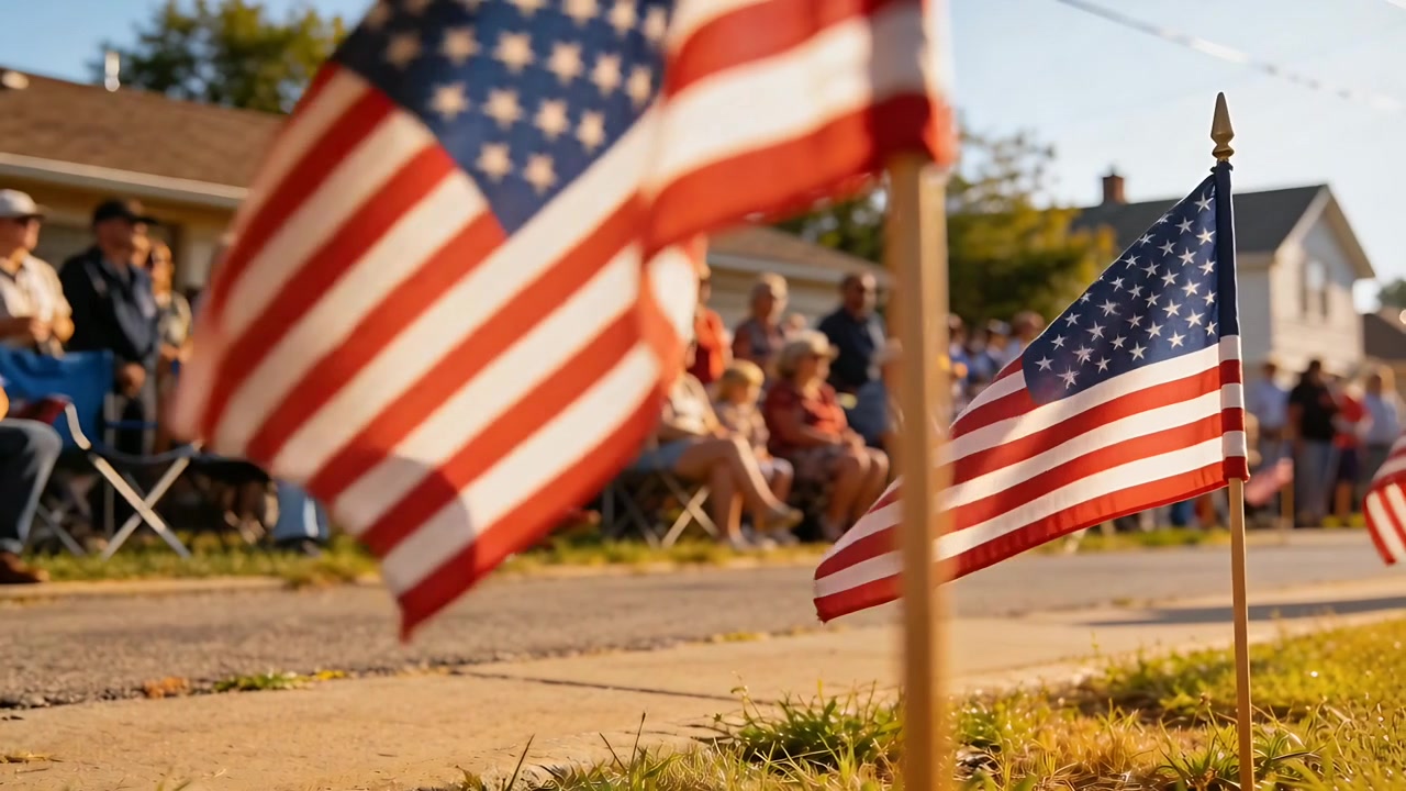 Fluttering US flags at suburban curb in breeze, focus shifting, neighbors in tees watching parade