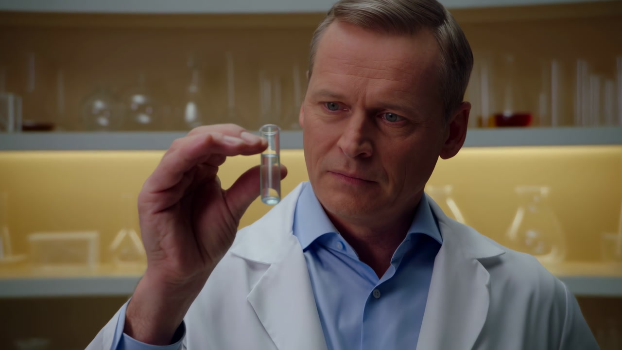 Caucasian Scientist Inspecting Small Vial In Lab, Focused Examination Of Clear Solution Against Glassware