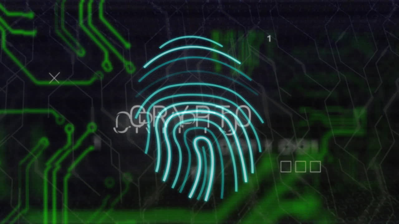 animación de huella dactilar y texto criptográfico sobre el fondo verde de la placa de circuitos